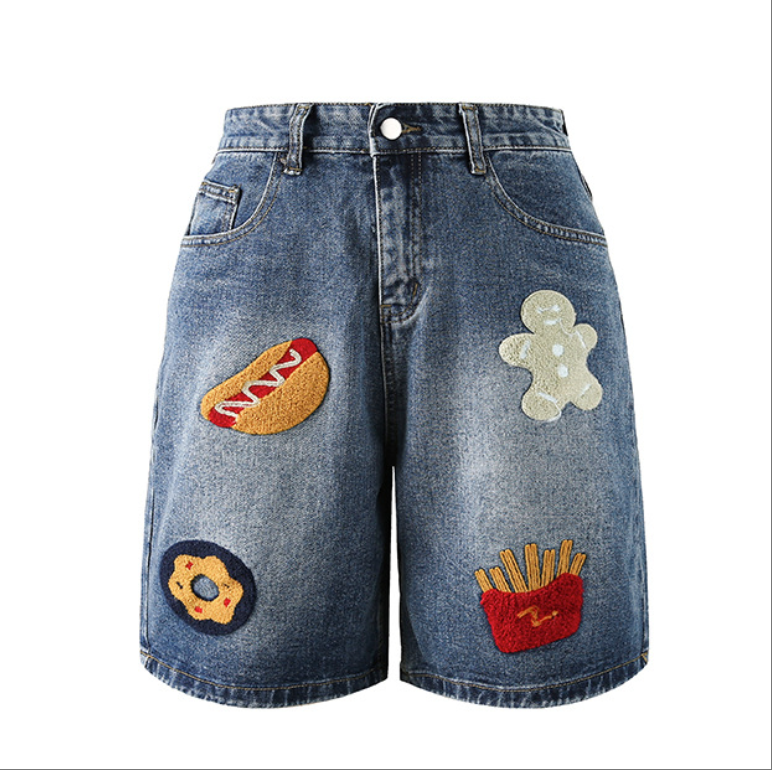 Denim Shorts with Dice and Chinese Character Embroidery - Blue - Pants