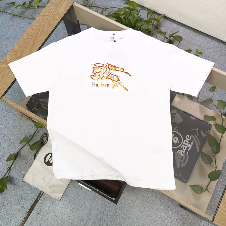 2023 Spring and Summer New Burberry Girls Colorful War Horse Pattern Logo Letter Embroidery Flower Casual Couple T-shirt
