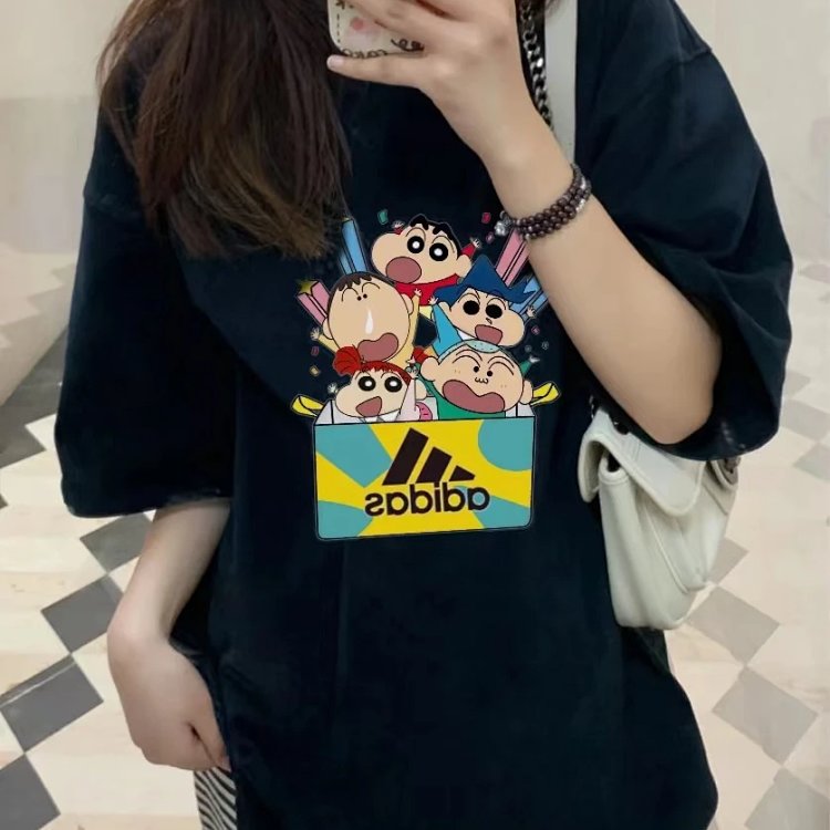 Adidas Crayon Shin-chan Cartoon Couple Model Short-Sleeved T-shirt in Gray for Summer, Available in Various Sizes