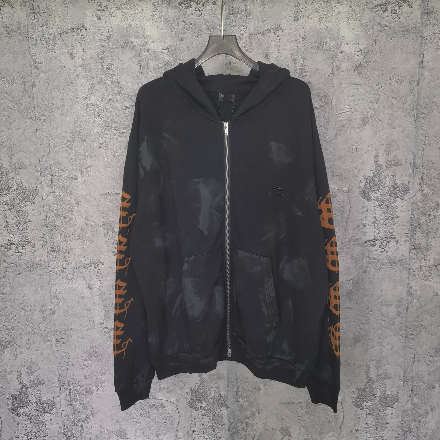 Balenciaga Sanskrit embroidery/flame/rock style/dirty/zipper hooded sweatshirt