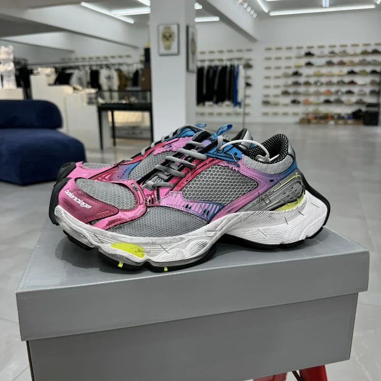 Balenciaga Women's Stapler Sneaker in Grey/blue/pink/neon Yellow/white