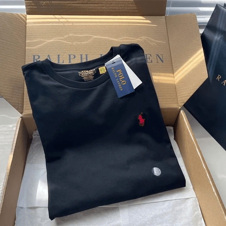 Black polo shirt, red Polo logo