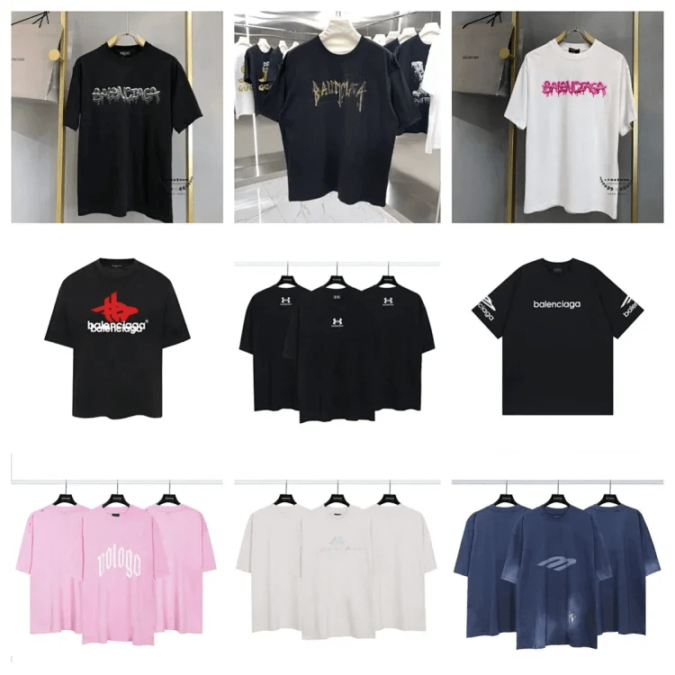 Black/white T-shirts, Balenciaga logo, graffiti/distressed/colored lettering