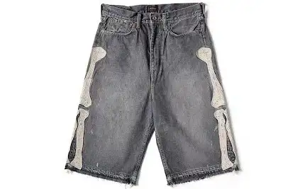 Bone-Print Denim Shorts, Gray, Pants