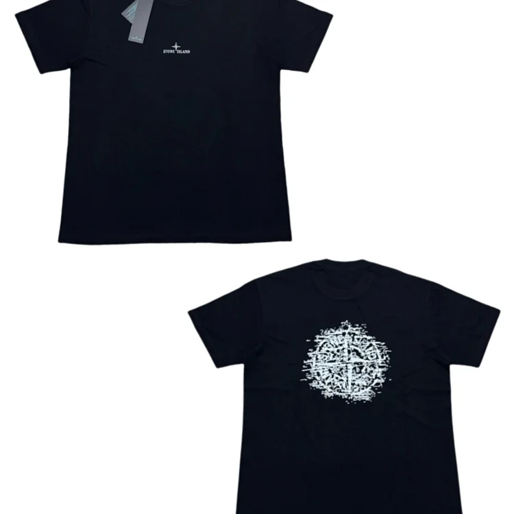 Men's Black Organic-Cotton T-shirt with Front Brand Logo & Back Circular Graphic Print by Stone Island
