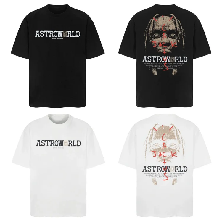Travis Scott cactus jack Men's Fashion T-shirt with Astroworld logo and Jack text graphics in black and white