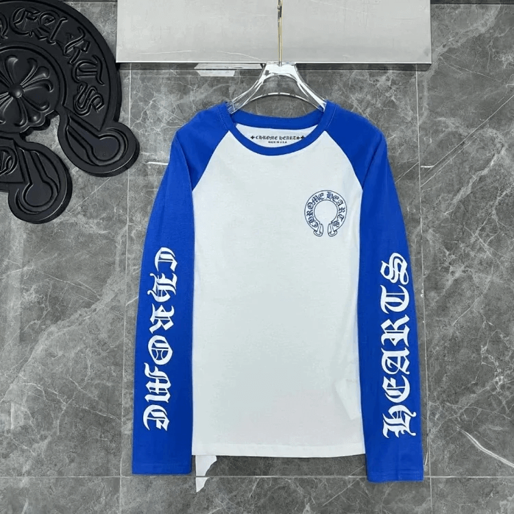 Chrome Hearts size M long sleeve horseshoe logo baseball tee, white/blue