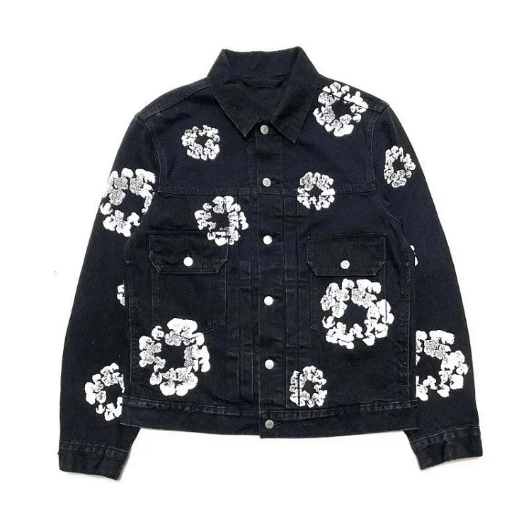 Denim Jacket with Floral Print, Black, Jackets