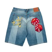 Denim Shorts with Dice and Chinese Character Embroidery - Blue - Pants