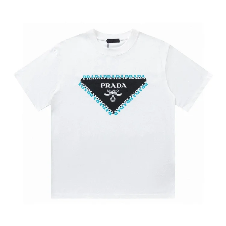 2025 New Luxury Ink-Splashed Print Custom Triangular Leather Logo Unisex Short-Sleeve T-shirt by PRADA