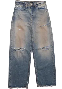 Distressed Straight-Leg Jeans Light Blue Pants
