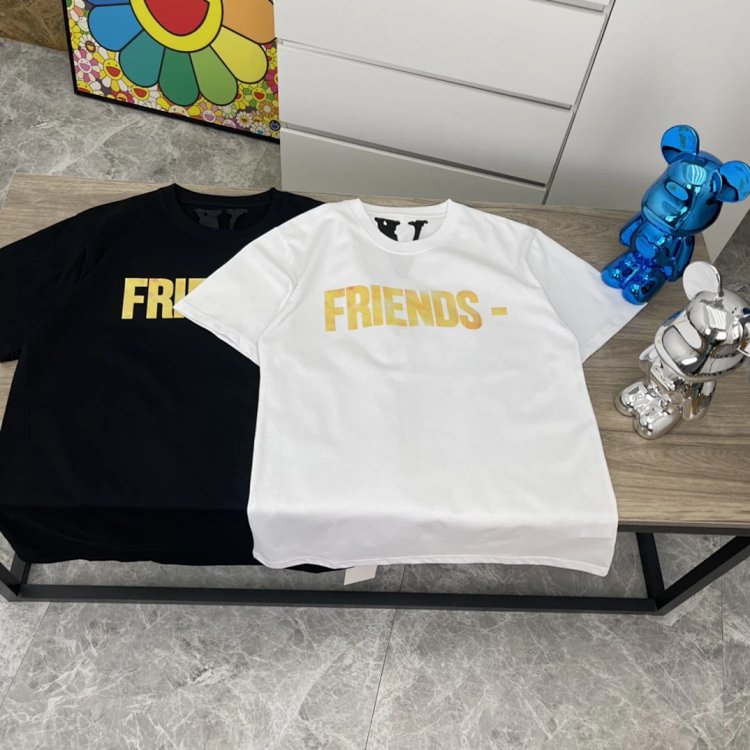 Vlone Friends T-shirt in White/Yellow with Cartoon Mosaic Big V Pattern