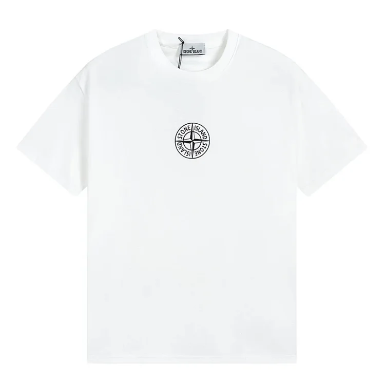 Stone Island Men's Cotton Jersey T-shirt with 'stamp Three' Print, Garment Dyed White Shortsleeves
