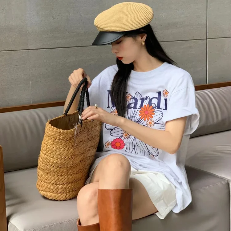 Mardi Floral Print T-Shirt, Lyl French Striped Raffia Hand-Woven Female Shoulder Bag, Woven Crossbody Bucket Bag