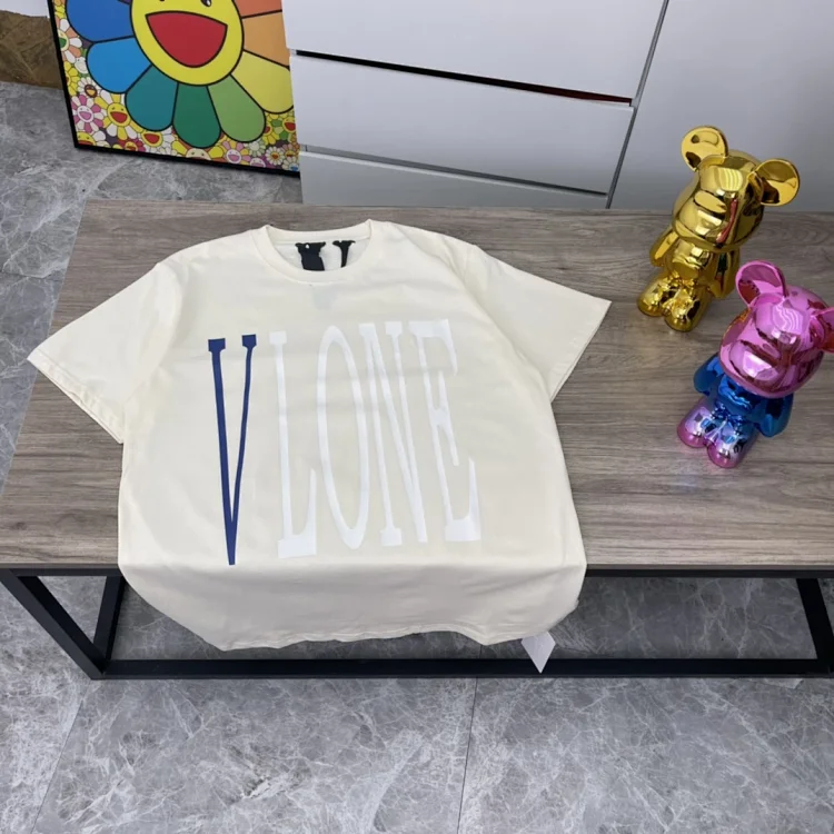 Men's and Women's Beige V-Print Round-Neck Short-Sleeve T-Shirt by VLONE