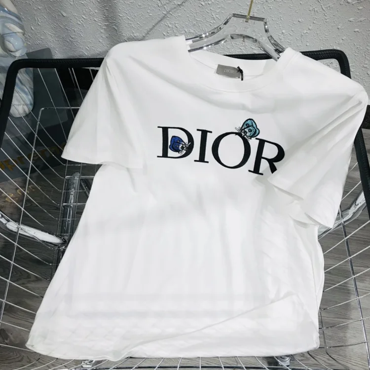 Unisex Dior embroidered classic crew-neck short-sleeve T-shirt with 'DIOR' logo and butterfly pattern
