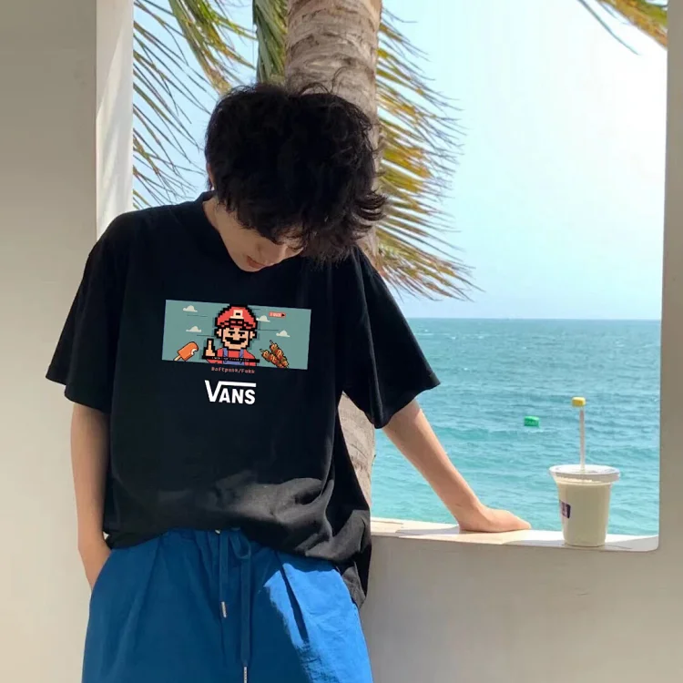 Vans X Mario Men's Cotton Short Sleeve T-shirts in Black and White