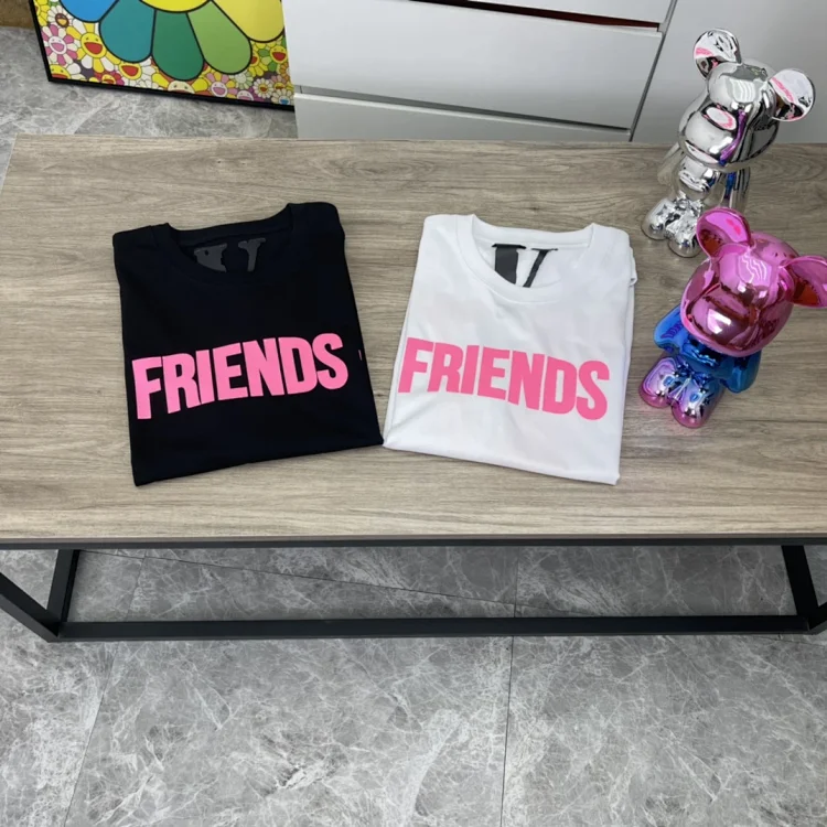 Vlone Friends Black and White T-Shirt with pink 'FRIENDS' lettering