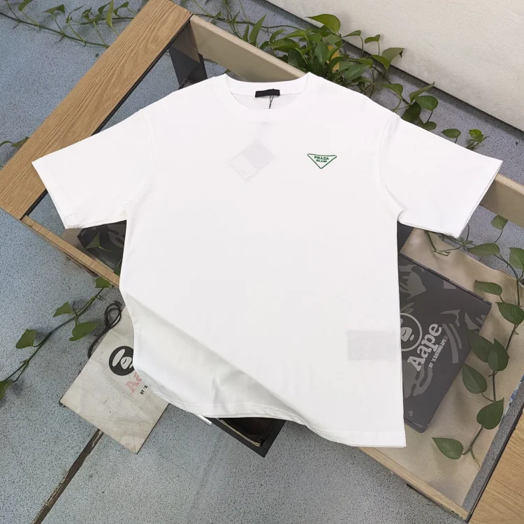 Prada Triangle-Logo Terry T-shirt, White, Double Cotton, Unisex, XS-L, 2024 New