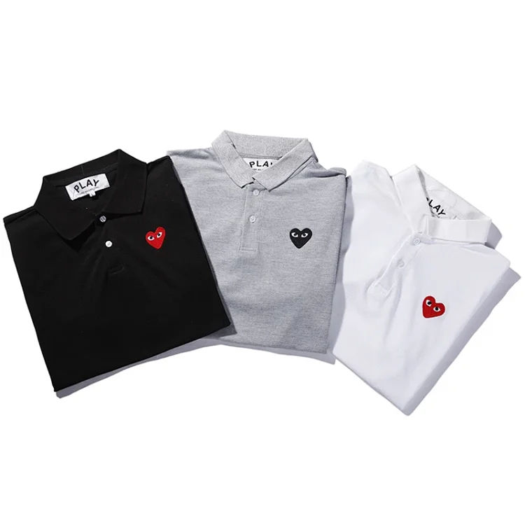 PLAY CDG Inspired Men's Polo Shirts with Heart Embroidery (Black, Gray, White)