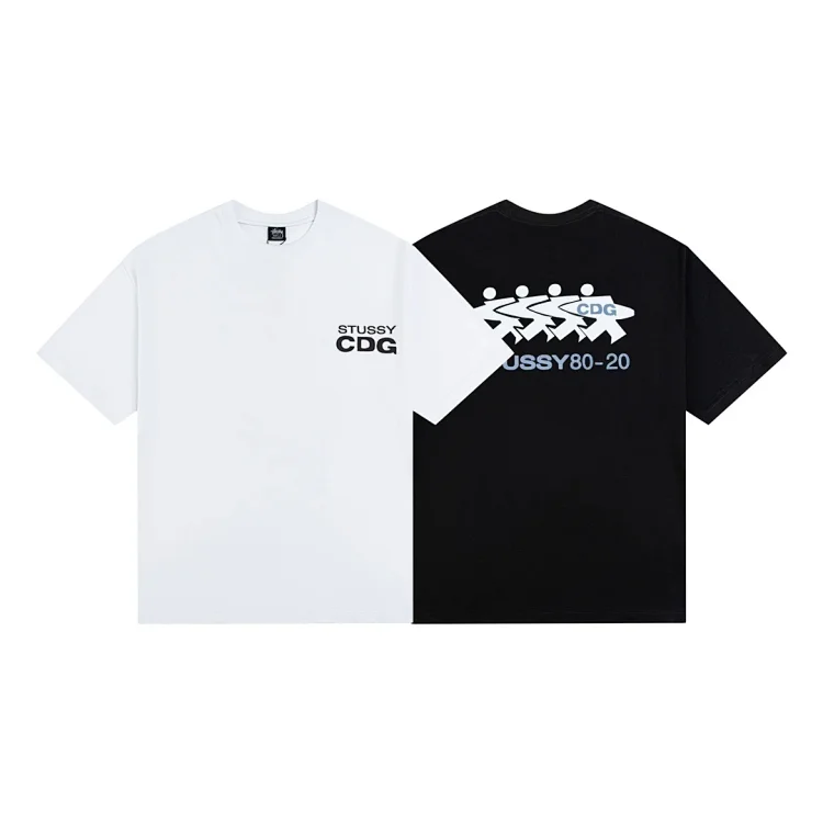 Stussy CDG collaboration short-sleeve T-shirt, with black and white colors, featuring STUSSY CDG logo