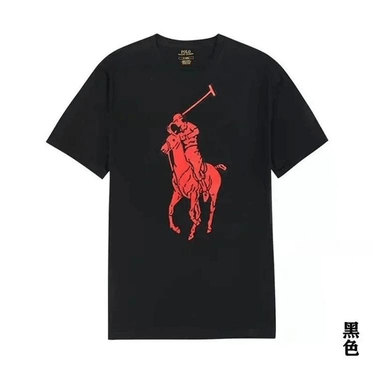 Men's custom slim fit Big Pony jersey T-shirt, crew neck, large red polo player on black