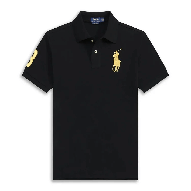 Men's Ralph Lauren custom fit black T-shirt, gold logo on left sleeve