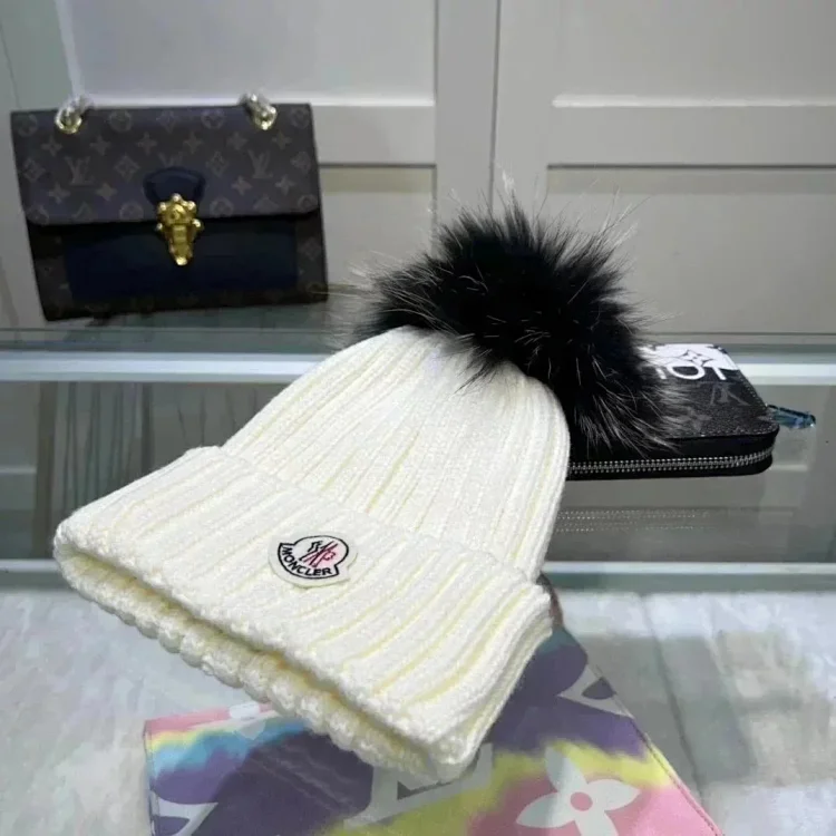 Moncler Beanie with Black Fur Pom-Pom, White, Mise
