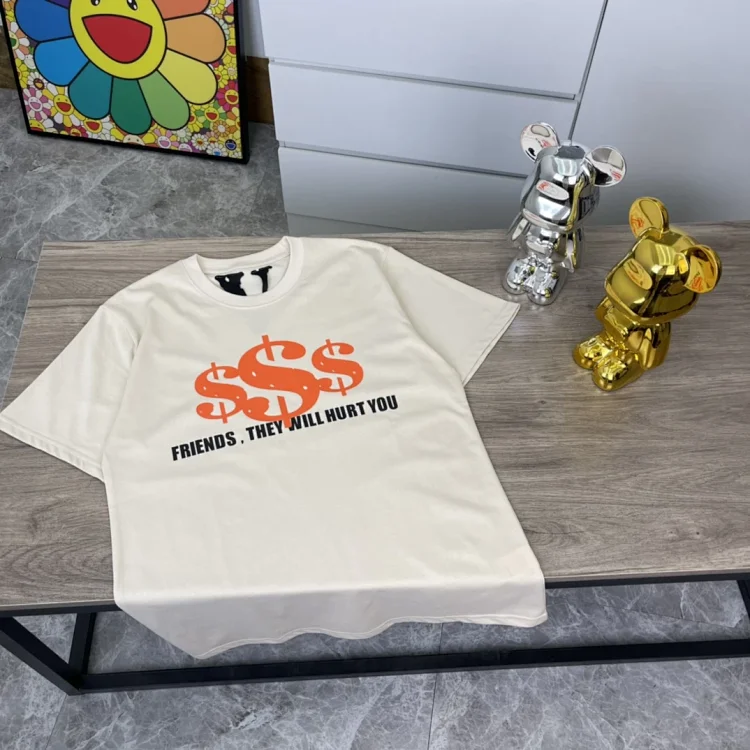VLONE Black Money Over Friends Logo T-Shirt with orange '$$$' and 'FRIENDS, THEY WILL HURT YOU' print