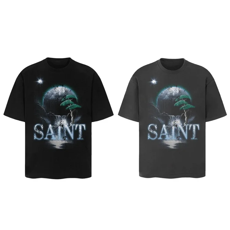 SAINT FREEDOM TEE with Moon, Pine Tree, Waterfall and Reflection Graphic