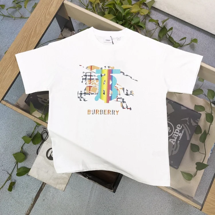 Brand New Burberry T Shirt Sz Large, White, TB Logo with Colorful Check Pattern Print