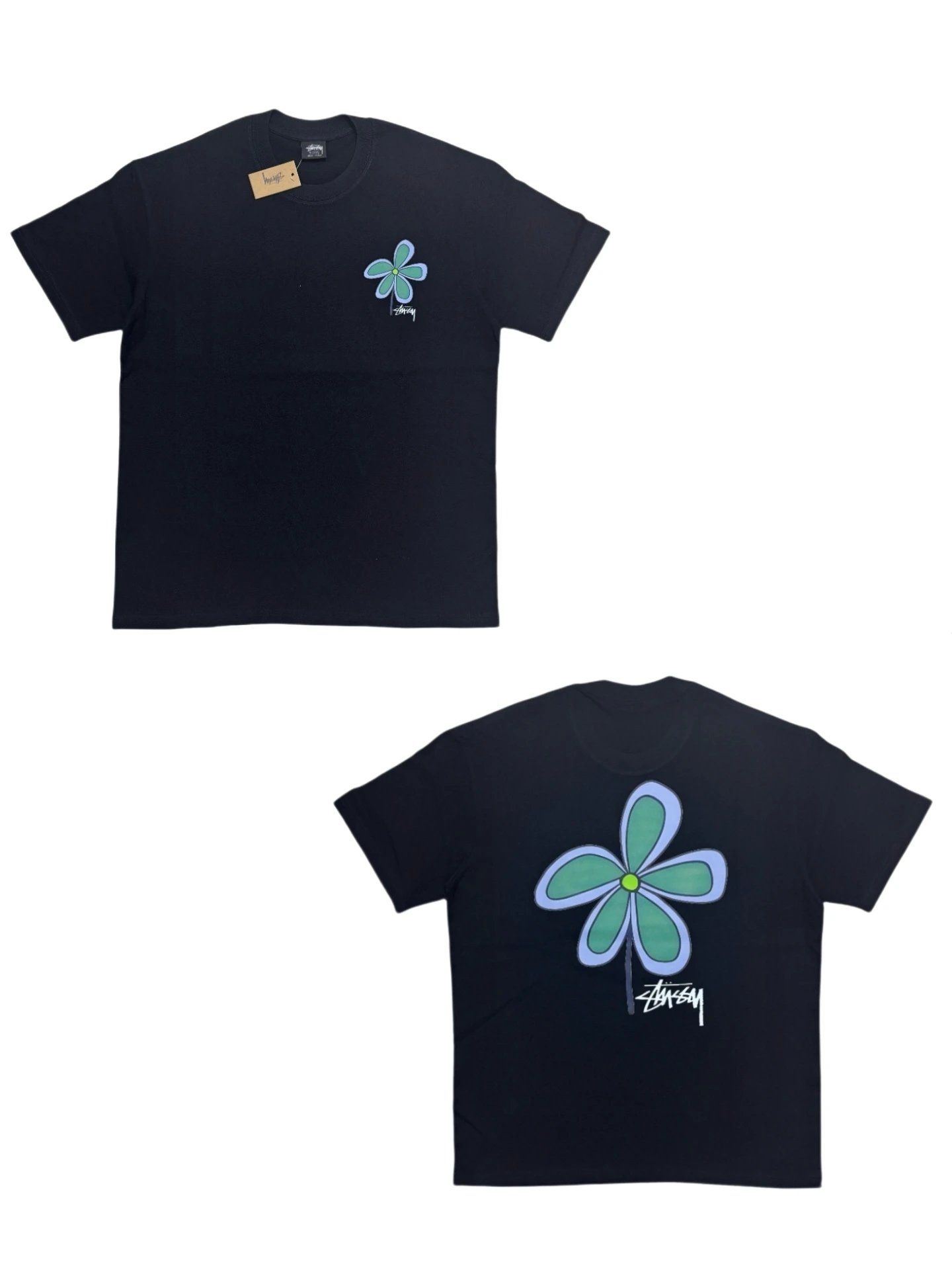 Black and White Short Sleeve T-Shirt with Phone Letter Print for Men and Women, Unisex by STUSSY