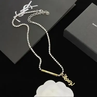 Saint Laurent Crystal Necklace with YSL Pendant, Silver, Jewelry