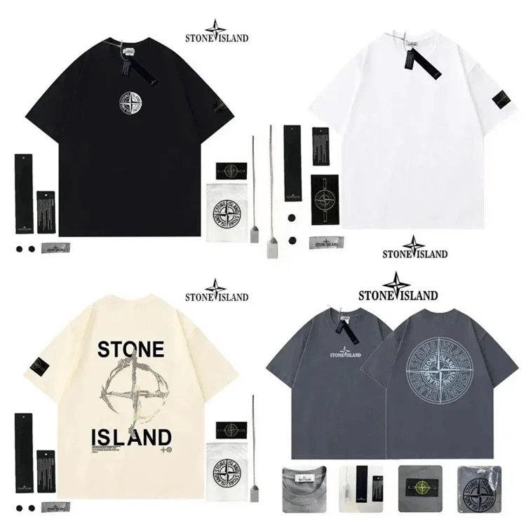 Stone Island men's summer new chest mechanical compass print short-sleeve T-shirt, black, unisex, cotton jersey