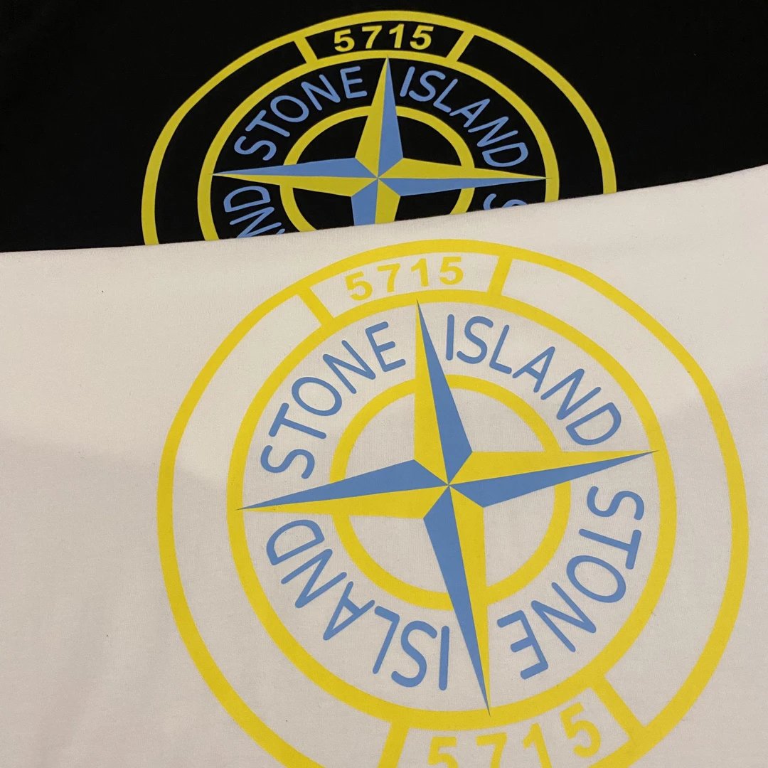 Stone Island T-Shirt Black and White with Yellow and Blue Compass Logo