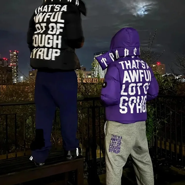 Supreme That's A Lot of Cough Syrup Puffer Jacket Black Purple Jackets