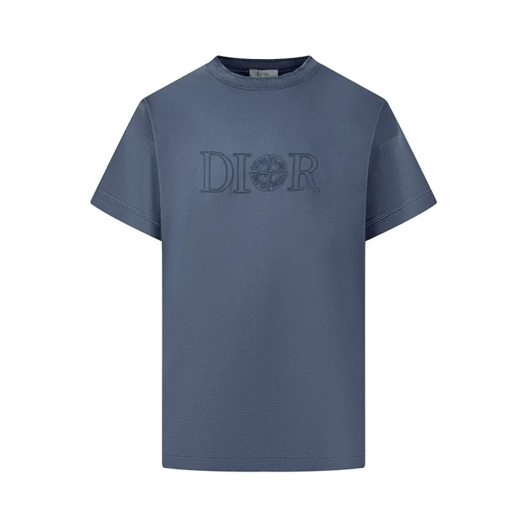 Short-Sleeved Dior T-shirt with Embroidered Logo, Blue, Loose Fit, Brown Cotton, Size L, Men's