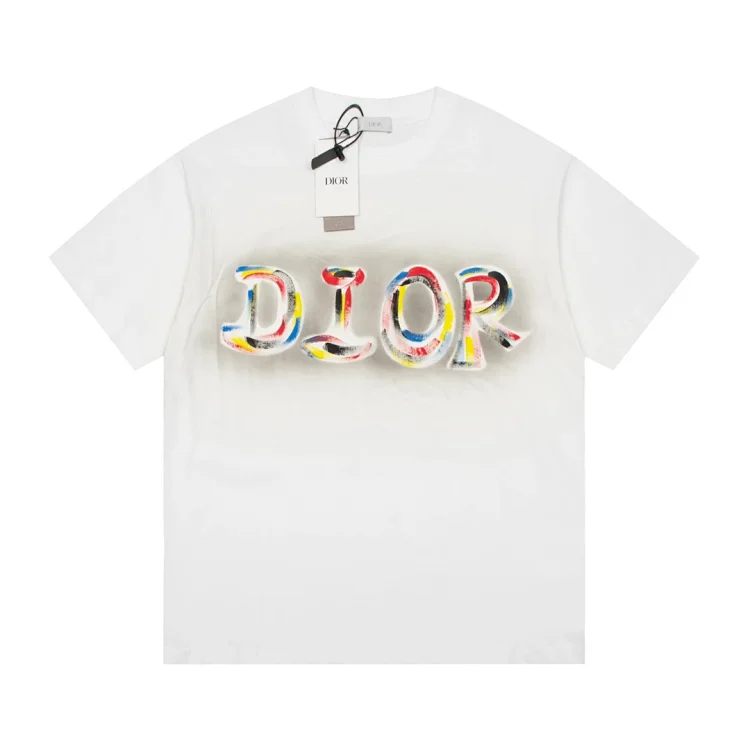 White Unisex Dior T-shirt with colorful 'DIOR' print & White Virgin Wool Dior x KAWS Track Pants