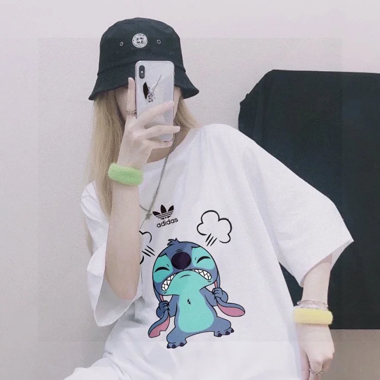 Adidas Stitch-themed T-shirts, available in M, L, XL, 2-piece discount, cute graffiti print, suitable for couples