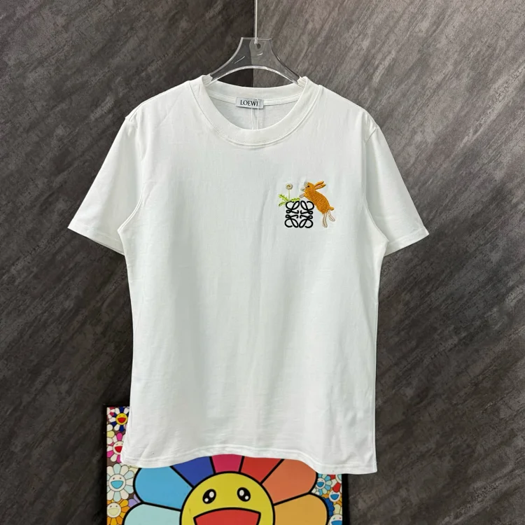 Loewe S-XL hltx04  White Short-sleeve T-shirt with Rabbit and Daisy Embroidery