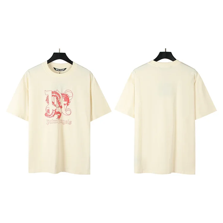 Cream-colored Short-sleeve T-shirt with Red Graphic and Brand Logo