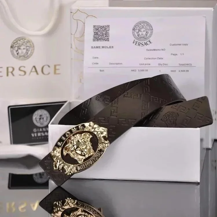 Versace Leather Belt with Lion Medallion, Brown, Mise