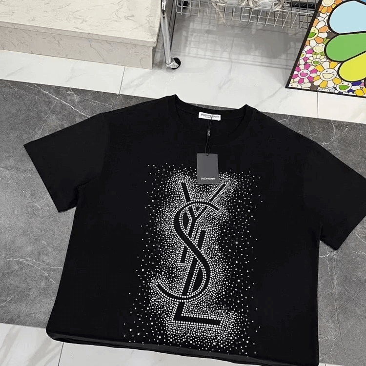 YSL Bling-Bling black T-shirt, crystal-embellished YSL logo